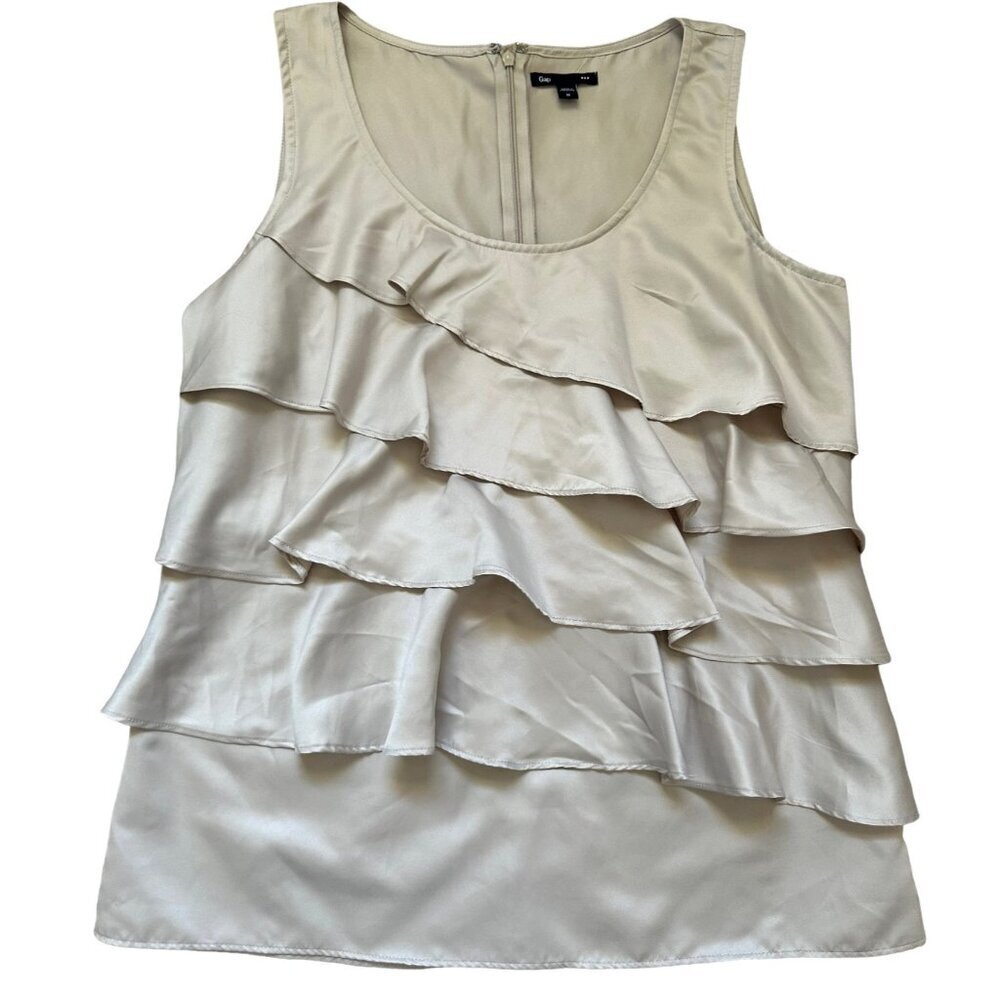 Dressy Ruffled Sleeveless Blouse Womens M Beige Party Holiday New Years Office